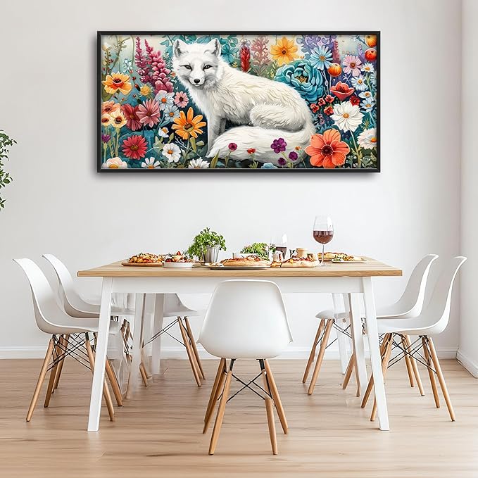 Framed Large Pictures Wall Art for Living Room, White Fox Oversized Wall Decor Animal Floral Canvas Print Painting Modern Extra Large Framed Artwork for Bedroom Office 60"x30"