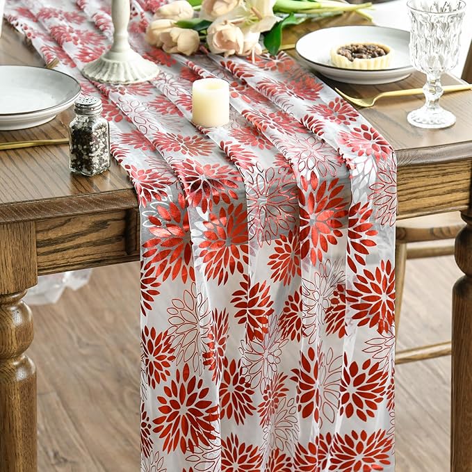 Artoid Mode 3PCS Beige Red Dahlia Flower Gauze Table Runner 120 Inch 10FT, Glitter Metallic Foil Seasonal Sheer Dining Holiday Table Decor for Home Party
