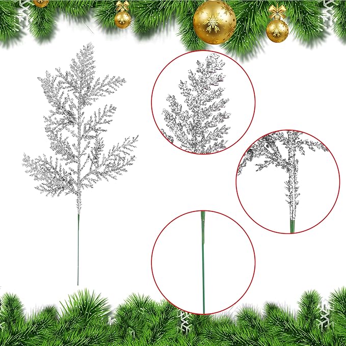 Watayo 30 PCS Glitter Artificial Pine Needles-10.6 Inch Fake Foliage Pine Stems Picks for DIY Garland Wreath Christmas Embellishing and Home Garden Decoration (Silver)