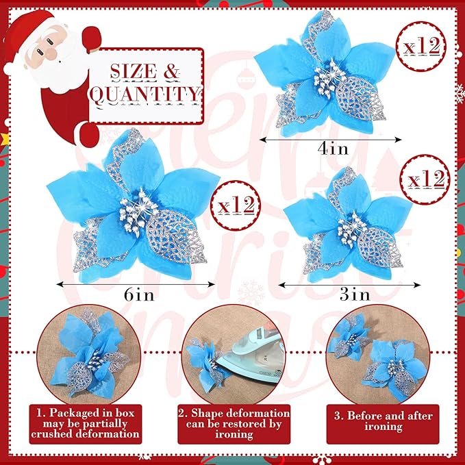 WILLBOND 36 Pieces Christmas Poinsettia Glitter Faux Flowers Christmas Artificial Flowers Tree Ornaments Topper Xmas Decorations(Lake Blue)