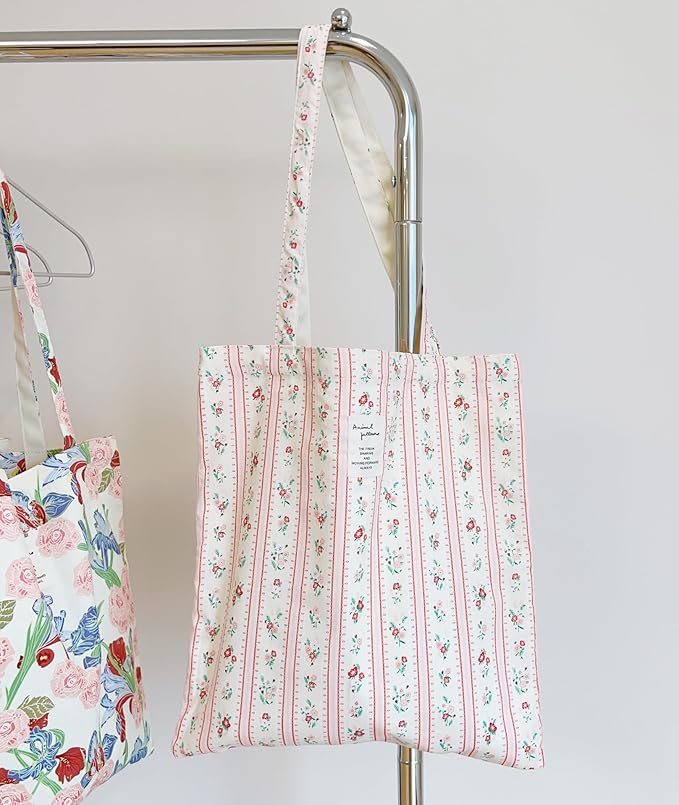 Cotton Canvas Tote Bag Reusable Soft Grocery Cloth Bag Floral Shoulder Bag for Beach Travel Shopping