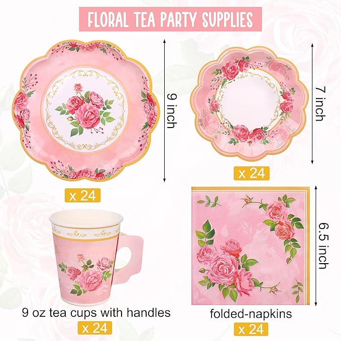 96 Pieces Floral Paper Tea Cups and Saucers 9 Oz Teacups with Handle 9 Inch and 7 Inch Paper Plates Saucers Napkins Disposable Tea Party Supplies Serve 24 for Wedding Baby Shower Party, Pink