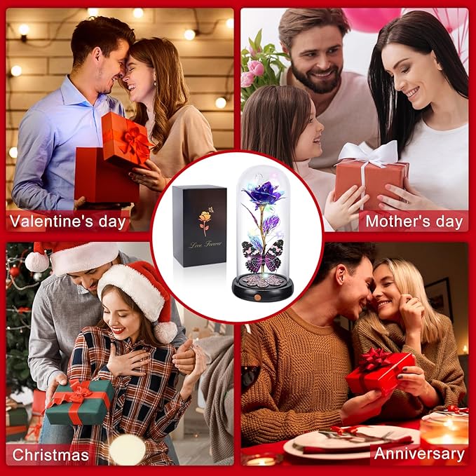 Christmas Rose Gifts for Women, Womens Gift for Christmas Rechargeable Galaxy Glass Rose Light Up Roses In Glass Dome Crystal Flower Butterfly Birthday Xmas Gifts for Women Wife Grandma Sister Purple