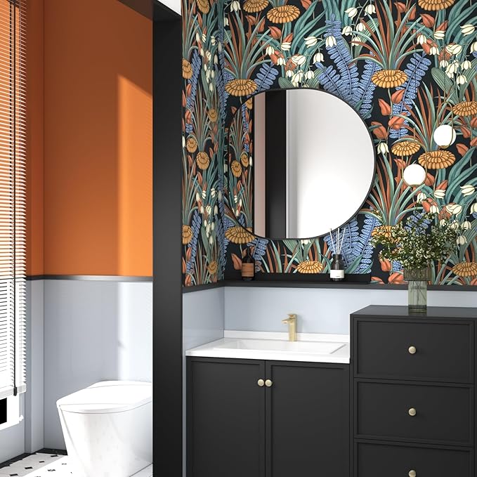 Boho Floral Peel and Stick Wallpaper Tropical Leaf Contact Paper,Vintage Botanical Flower Wall Paper, Self Adhesive Wall Mural 17.5" x 393" for Bedroom Cabinet Countertop Decor (Black, Orange, Blue)