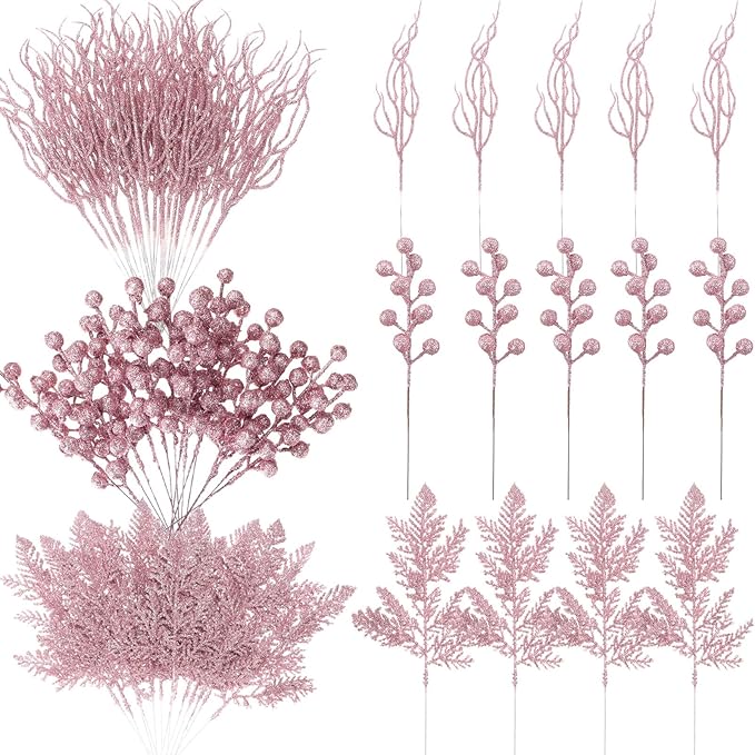 75 Pcs Christmas Glitter Branches 3 Styles Artificial Christmas Picks Berries Stems Pine Needles Floral Twig Spray for Xmas Tree Ornaments DIY Wreath Garland(Light Pink)