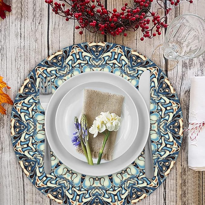 Mandala Round Placemat Set of 4 Elegant Linen Table Mats for Dining, Heat Resistant, Stain Resistant Perfect for Dinner Parties, Restaurants, and Everyday Use