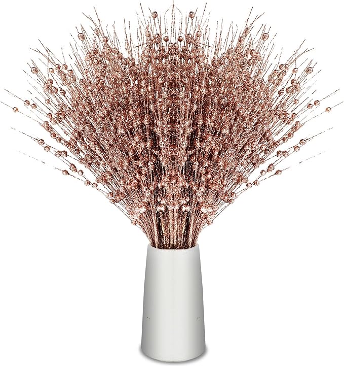 Geosar 30 Pcs Christmas Artificial Glitter Berry Stem Decorations 17 Inch Faux Stick Floral Pick Centerpiece Bouquet Flower Bead Twigs for Centerpiece Tree Wreath Xmas Ornaments Home(Rose Gold)