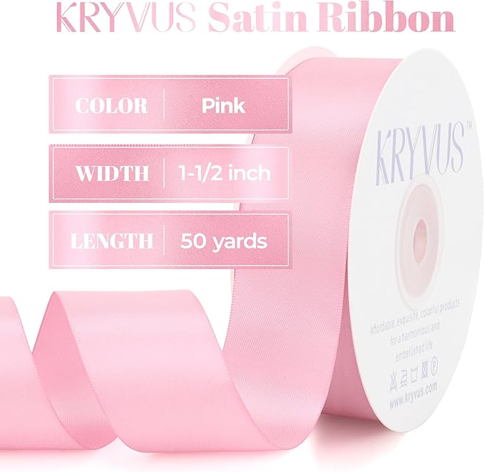 Pink Satin Ribbon, Double Faced 1-1/2 Inch X 50 Yards Pink Ribbon, Premium Satin Ribbon for Gift Wrapping, Crafts, Hair Bow Making, Sewing, Flower Bouquet, Wedding Party Decor