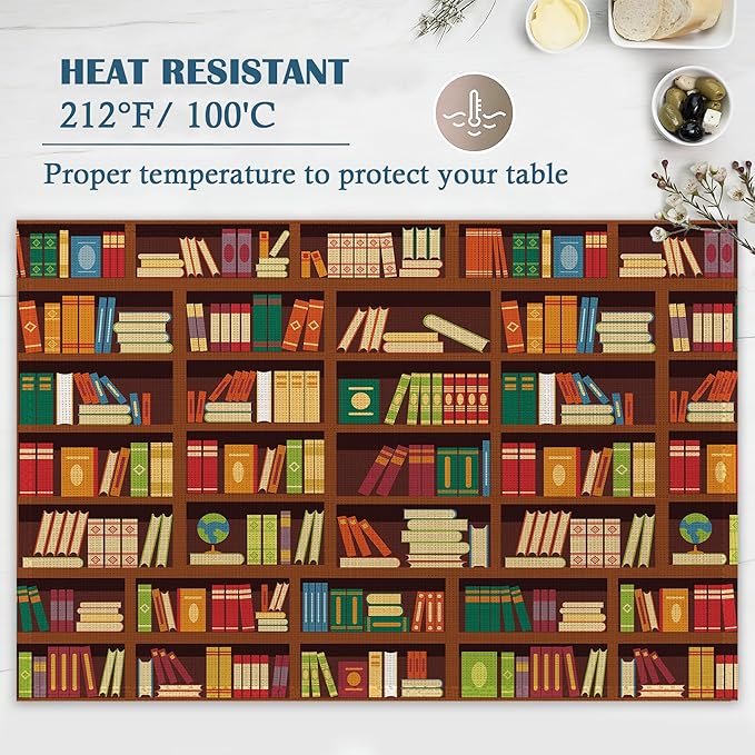 Library Book Shelf Placemats Set of 4, Linen Place Mats Heat Resistant Non-Slip Washable Table Mats for Dining Kitchen Party Decor 12"x18"