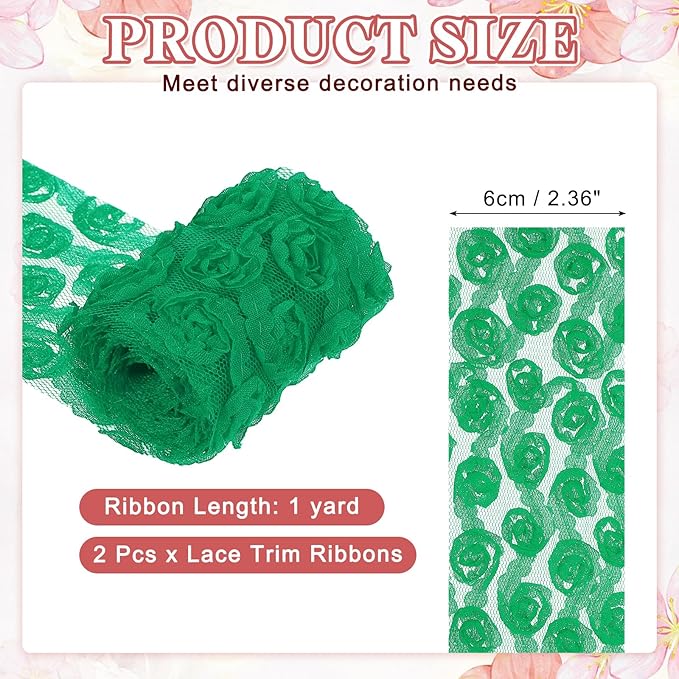 uxcell 2PCS Lace Trim Ribbon, 2.36 inch - 1 Yard 3D Rose Floral Embroidery Ribbons Edge Trimming for Sewing, Wedding Dress, DIY Crafts, Decoration Accessories, Dark Green