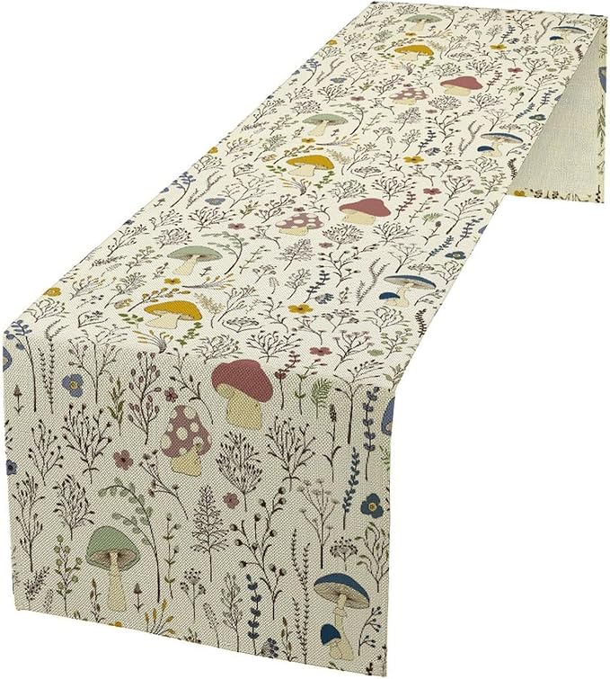 Mushroom Table Runner, Boho Floral Rustic Wildflower Herbs Plants Colorful Botanical Green Leaves Table Runner for Home Party Indoor Outdoor Decor Kitchen Dining Table, 13x36inch