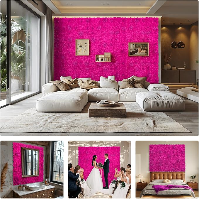 Artificial Flower Wall Backdrop 16PCs of 16.5x16.5 Inch Floral Wall Panels 3D Silk Rose Wall Decor for Weddind Stage Party Photo Background Home Decoration-Barbie Pink