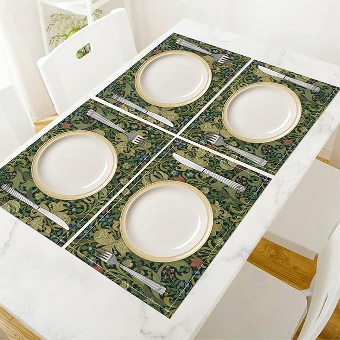Vintage Floral Placemats Set of 4, William Morris Retro Boho Botanical Plant Place Mats, Heat Resistant Non Slip Cotton Linen Dining Table Mats for Home Kitchen Party 18x12 Inch