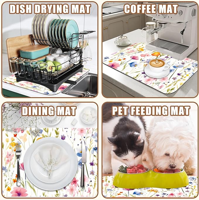 Watercolor Floral Meadow Coffee Mat Absorbent Dish Drying Mat for Kitchen Counter Hide Stain Rubber Backed Coffee Bar Accessories Fit Under Espresso Machine Dish Drainer, 11.8 x 19.7 Inch