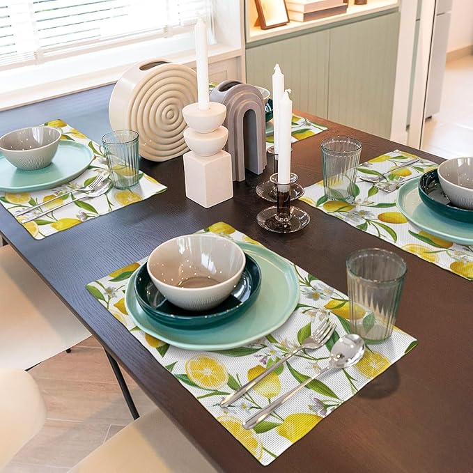 Lemon Table Placemats Set of 4 Summers Fruits Linen Placemats for Indoor Outdoor Party Home Desktop Kitchen Dining Room Decor 12x18 Inch