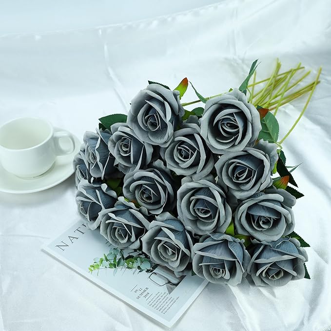 SITUMEIZI 15PCS Artificial Roses Silk Flowers Fake Roses Realistic Bouquet Long Stem with Gift Box for Mother's Gift Day Home Party Wedding Decorations(Silver)