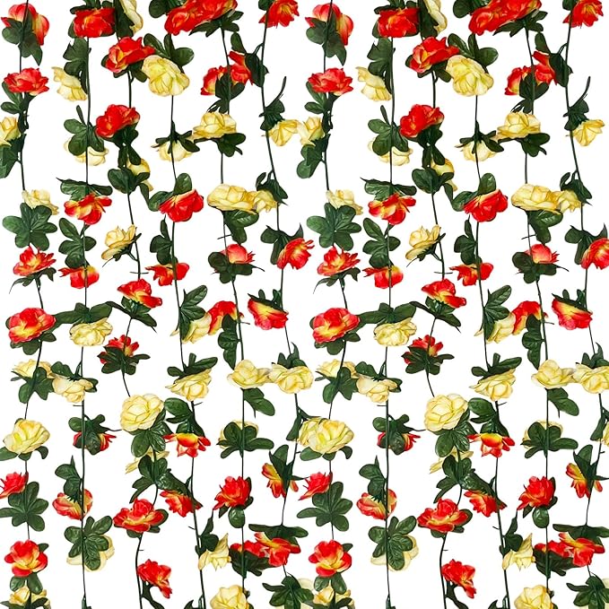 8Pcs 63Ft Pink&Yellow Rose Garland, Fake Rose Hanging Flowers, Artificial Flower Vine, Hanging Floral Vine Garland for Wedding, Birthday Party, Wall Arch, Halloween, Christmas Garden Backdrop Decor
