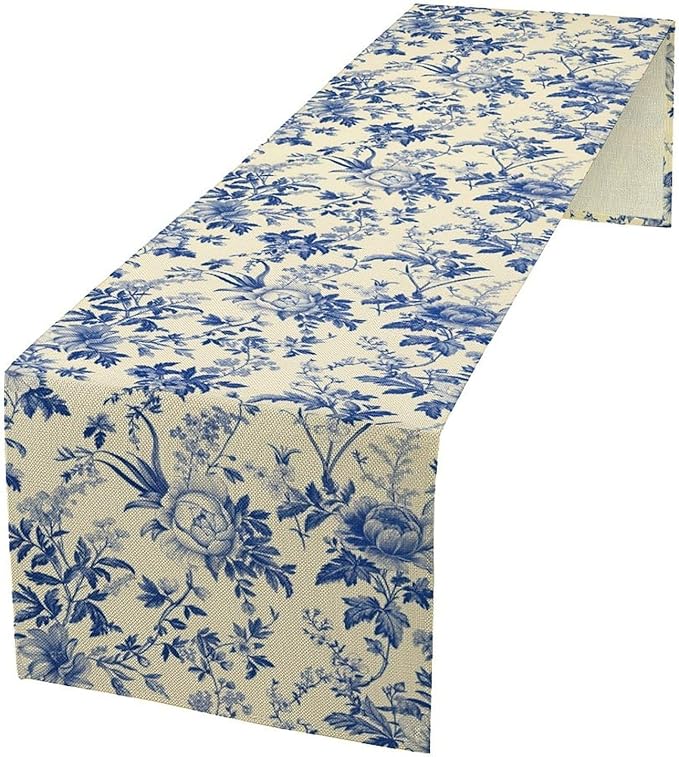 Vintage Blue Floral Table Runner, Retro Country Flowers Botanical Design Table Runner for Kitchen Dining Home Party Outdoor Indoor Decor, 13x70 Inch