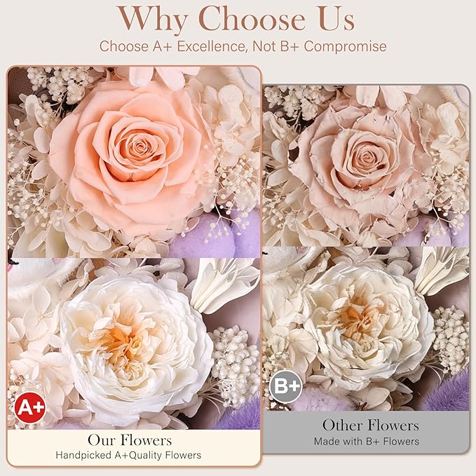 Forever Flowers Bouquet with Cute Doll - Preserved Flowers for Delivery, Real Eternal Roses Bouquet for Mothers, Mom, Girlfriend, Wife Anniversary Birthday Gifts for Women Men