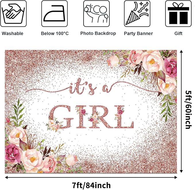 Avezano Rose Gold Baby Shower Backdrop for Girls Party Blush Pink Floral It's a Girl Photography Background Glitters Confetti Decoration Photoshoot Events Banner (7x5ft)
