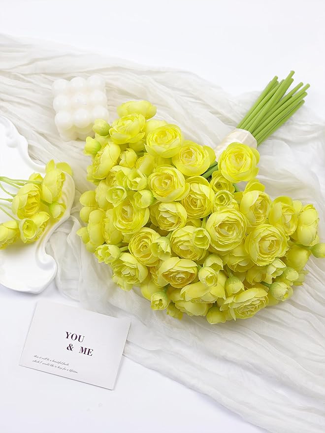 Meldel 32Pcs Ranunculus Artificial Flower Mini Rose, Faux Yellow Ranunculus Flowers for DIY Bouquet, Bulk Fake Peony Wedding Filler Flowers for Centerpieces Arrangements Bridal Shower Decorations