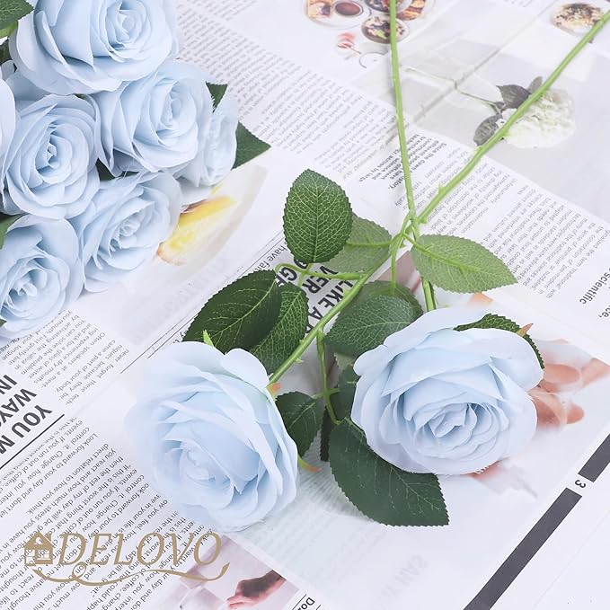 52pcs Light Blue Roses Artificial Flowers Fake Flowers Silk Roses with Stems for DIY Wedding Bouquets Bridal Shower Centerpieces Arrangements Party Decorations