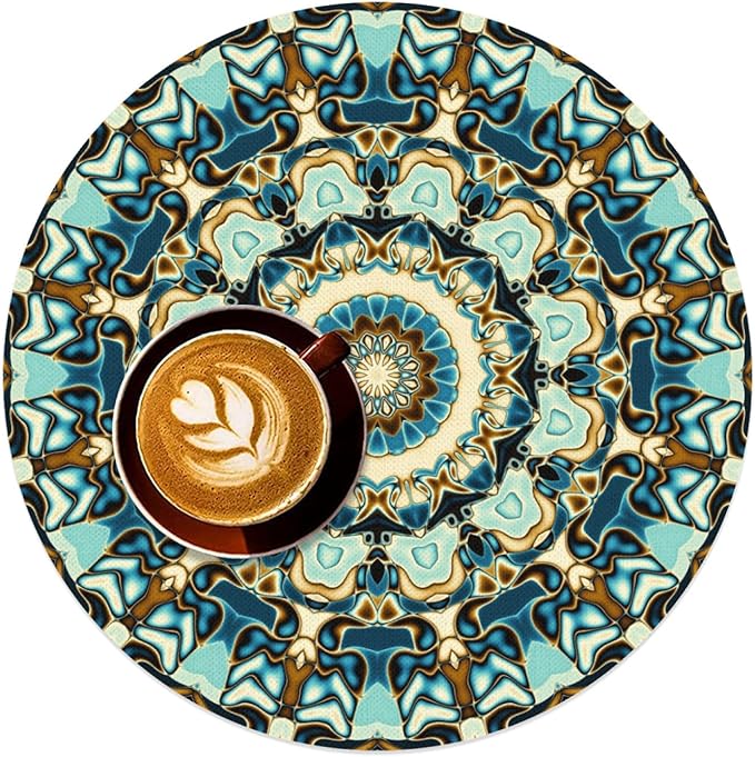 Mandala Round Placemat Set of 6 Elegant Linen Table Mats for Dining, Heat Resistant, Stain Resistant Perfect for Dinner Parties, Restaurants, and Everyday Use