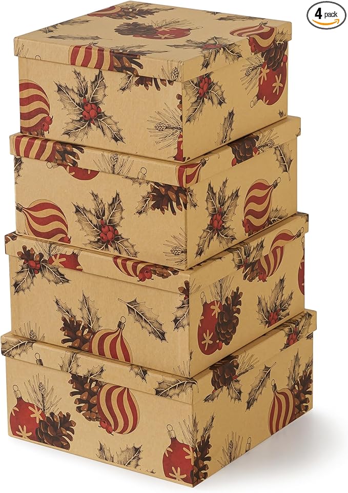Soul & Lane Christmas Kraft Square Decorative Boxes with Lids - Set of 4 - Retro Cozy Christmas, Reusable Large Nesting Holiday Gift Boxes for Presents and Décor
