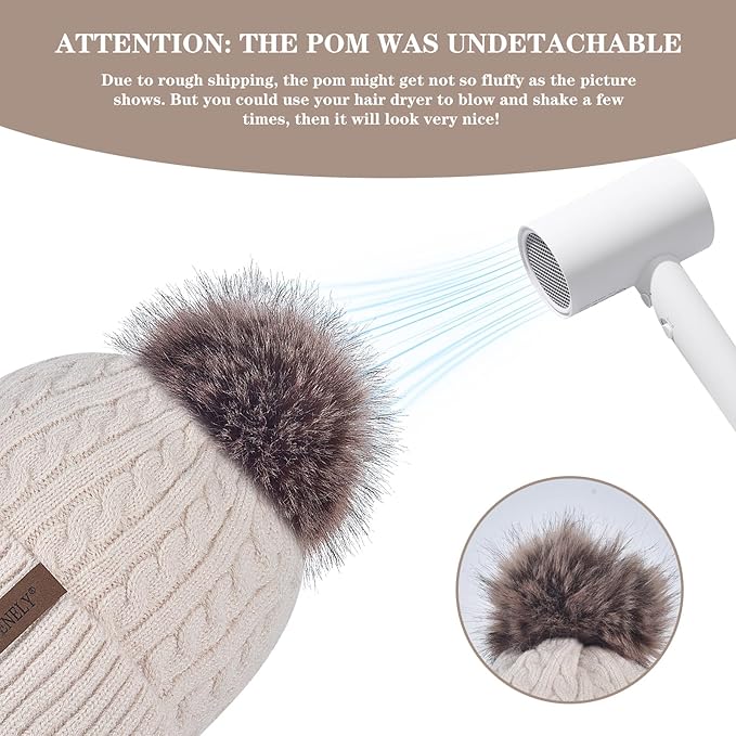 FENELY Women's Knitted Warm Beanie Winter Hat, Warm Chunky Snow Hat with Pompom