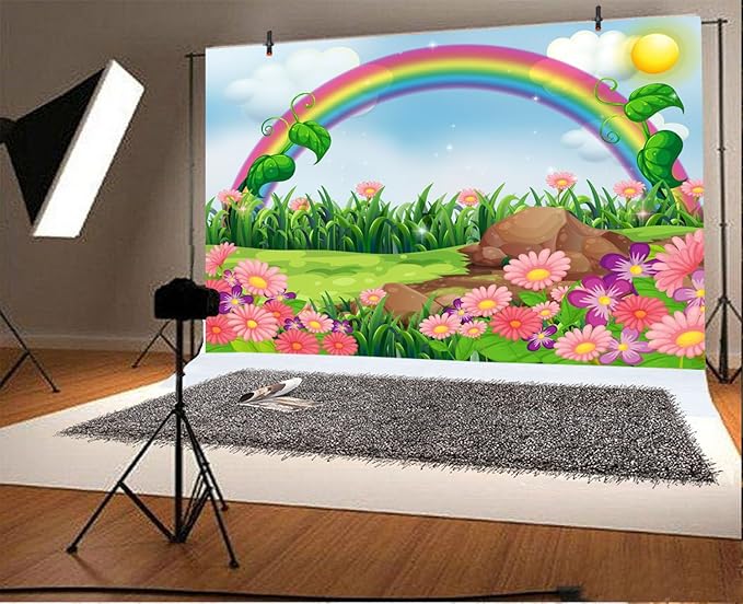 AOFOTO 7x5ft Cartoon Spring Flowers Rainbow Backdrop Meadow Sweet Floral Blossom Sky Sun Enchanting Garden Scenery Background for Kids Baby Shower Birthday Party Decor Wallpaper Photoshoot Props