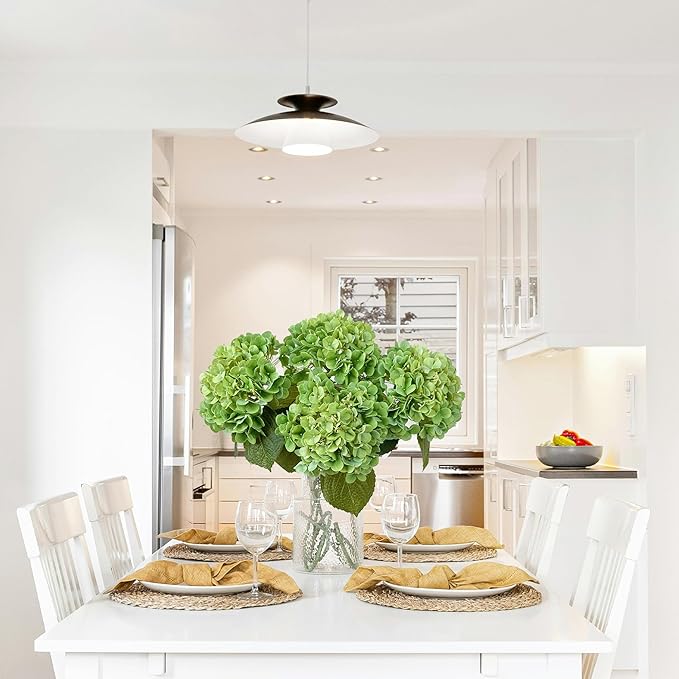 4 Pcs Real Touch Green Hydrangeas Artificial Flowers 20'' Long Stem Faux Hydrangeas for Outdoor Party Wedding Home Decor Kitchen Table Centerpiece