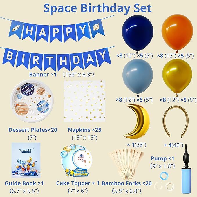 129 PCS Space Birthday Decorations – Includes Moon, blue and gold Balloon Arch Kit, Pump, Cake Topper, Paper Plates, Napkins, Bamboo Forks, and Banner – Outer Space Party Decorations, Serves 20 Guests