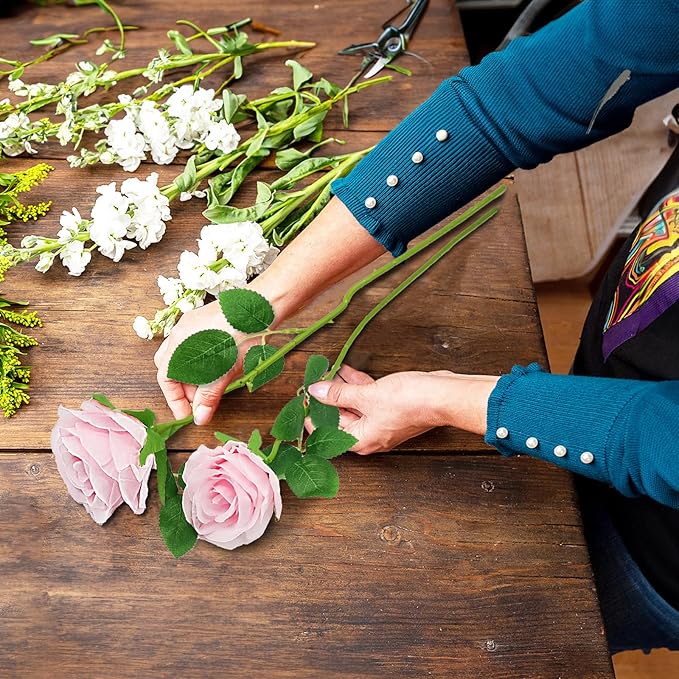 Pink Artificial Roses with Long Stems, 12Pcs Realistic Roses Artificial Flowers, Faux Roses | Bulk Fake Flowers for Home Decor, Wedding Party Table Centerpieces, DIY Bouquet