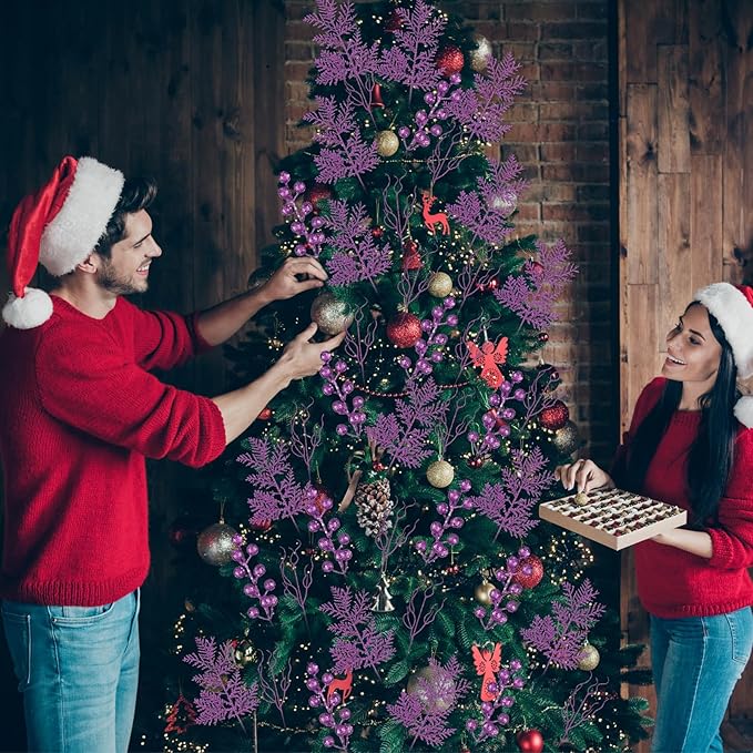 75 Pcs Christmas Glitter Branches 3 Styles Artificial Christmas Picks Berries Stems Pine Needles Floral Twig Spray for Xmas Tree Ornaments DIY Wreath Garland(Purple)