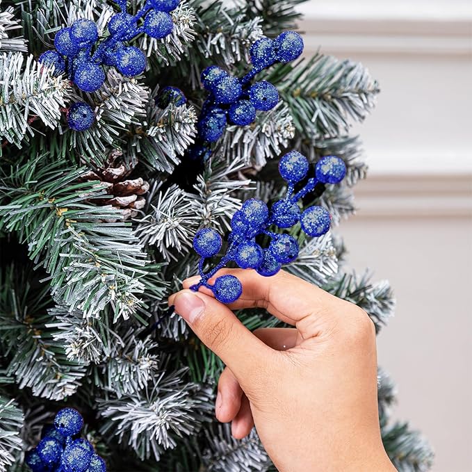24 Pcs Royal Blue Boxed Christmas Poinsettia Flowers Set, 16 Pcs Artificial Poinsettias with Clips, 8 pcs Glitter Christmas Tree Ornaments Berry Stems for Wedding Home Holiday Xmas Decorations