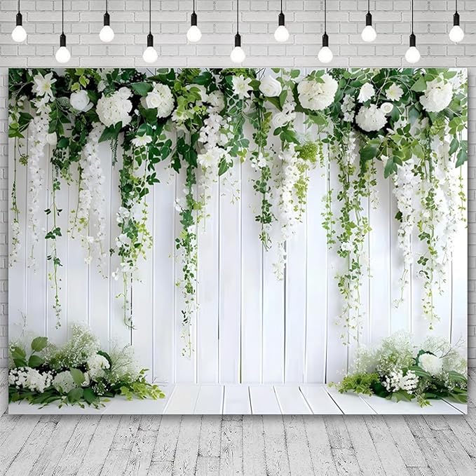 8x6ft White Flower Backdrop Green Leaves Wedding Bridal Shower Photography Background Floral Rustic Wood Wall Birthday Party Banner Decorations Reception Ceremony Portrait Photo Booth Prop