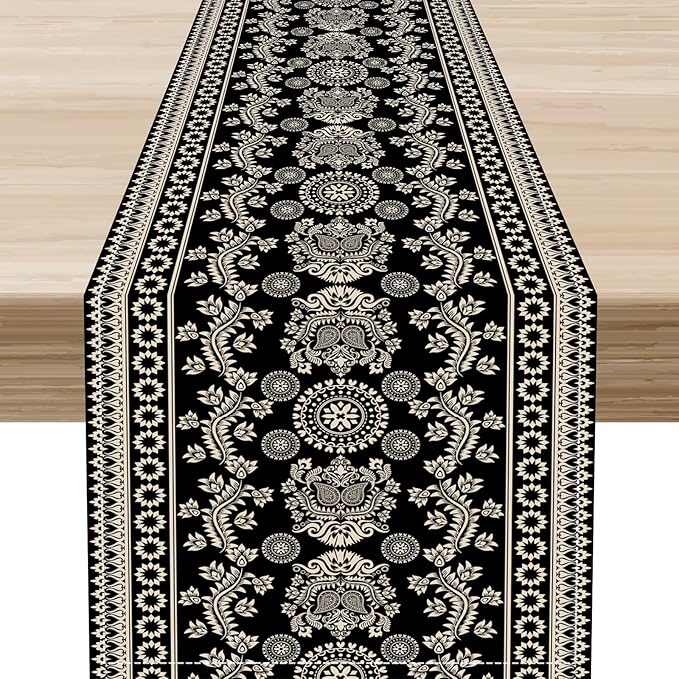 Black Paisley Table Runner, Retro Damask Boho Floral Print Linen Table Center Decor Family Kitchen Outdoor Farmhouse Holiday Party Table Decorations 13x90 inch