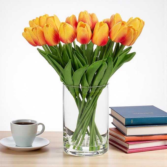 ENOVA FLORAL 20 Heads Real Touch Artificial Tulips Flowers Centerpieces for Dining Table Decorations, Wedding, Farmhouse Decor (Orange)