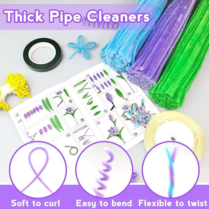 ZEIZHUBN 300 Pieces Pipe Cleaners, Pipe Cleaners Flower Bouquet Kit, Flower Making Kit with Floral Wires Tape, Art and Craft Supplies Projects DIY Decoration Holiday Party Birthday Gifts