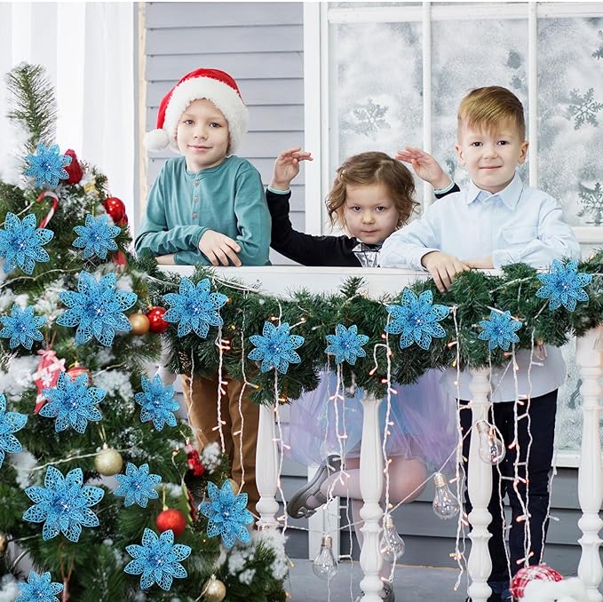 Boao Lake Blue 24 Pieces Poinsettia Flower Christmas Glitter Artificial Poinsettia with Clips Christmas Tree Ornament Decorations for DIY Xmas Wreath Holiday Home Party Decor, 3/4/6 Inches