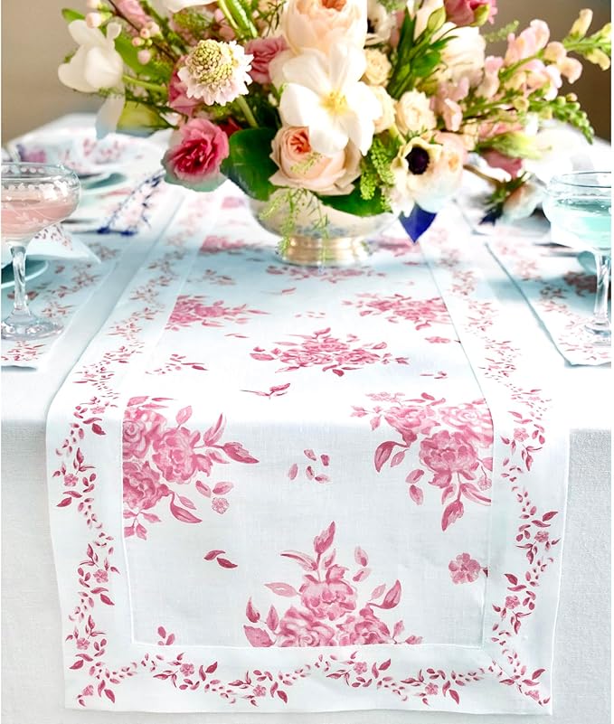 Solino Home Pink Floral Print Table Runner 90 Inches Long - 100% Pure Linen Table Runner 14 x 90 Inch - Handcrafted and Machine Washable - Jolie Fleur Print