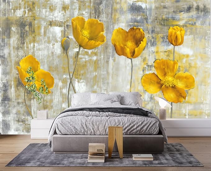 Yellow Oil Painting Flowers Wall Mural Wallpaper for Bedroom 137" x 100"