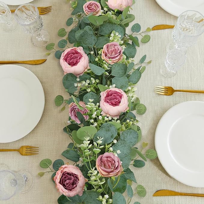SOMYTING Artificial Flowers Garland 6FT Eucalyptus Flower Garlands Vintage Peony Rose Vine Faux Floral Garland for Wedding Party Arch Table Wall Backdrop Decoration (Vintage Pink, 4PCS)