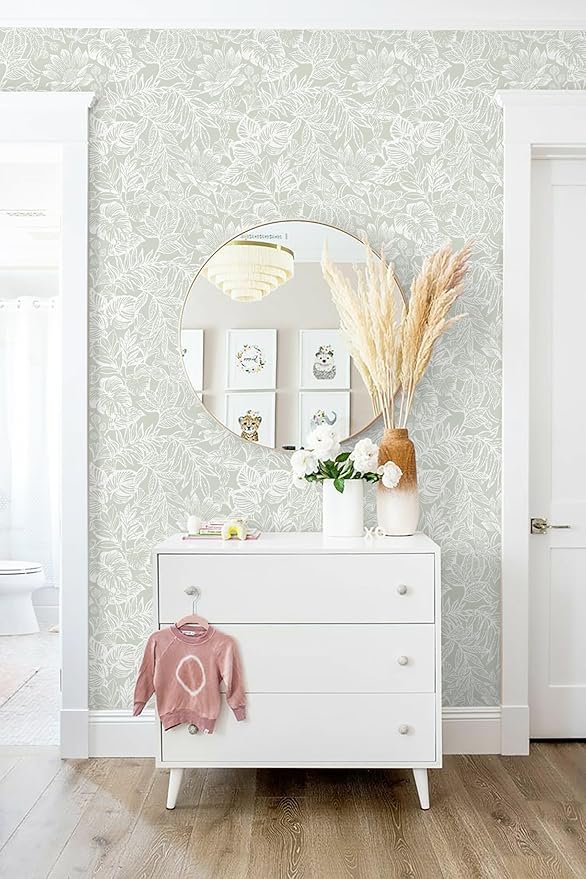 Peel and Stick Wallpaper Modern Wall Paper Boho Contact Paper Bedroom Bathroom Wallpaper Peel and Stick Light Green Tropical Leaf Removable Self-Adhesive Wall Decor 17.3" x 197"