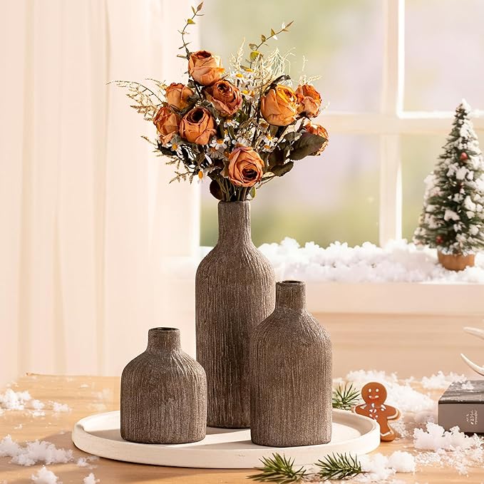 Ceramic Vase Home Table Decor - Brown Flower Vase Set of 3 Living Room Kitchen Decorations Farmhouse Modern Rustic Vases Decorative Centerpiece for Shelf Bedroom Office Bathroom Dining Coffee Desk