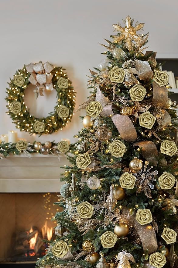 Gold Glitter Roses, 50PCS Fake Roses 2.76" Gold Flowers Artificial for Decoration Wedding Christmas Home Table Floral Arrangement