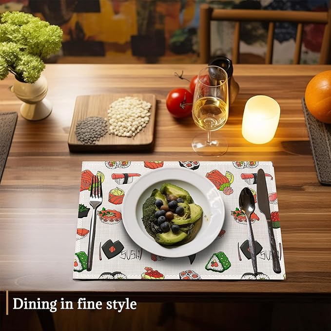 Japaness Sushi Cute Placemats Set of 6 Washable Table Mats for Kitchen Dining Table,Heat-Resistant Place Mats for Indoor Outdoor Party Holiday Decoration