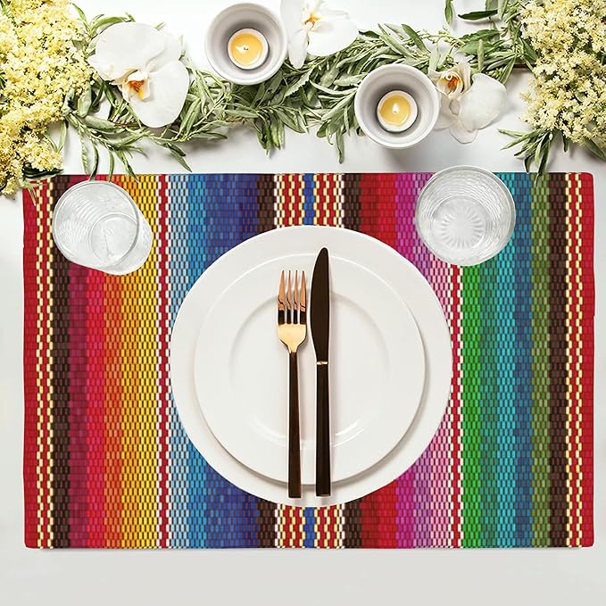 Mexican Colorful Stripes Placemats Set of 4, Placemats Dining Table Mat Set,12x18 Washable Stain Resistant Wipeable Cloth Placemat for Kitchen Buffet Parties