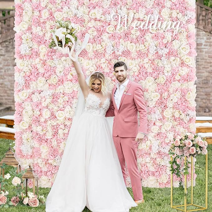 Pink Backdrop Flower Wall Panels: 3D Artificial Silk Floral Wall Panels for Wedding Birthday Decorations 24 Packs 15x15 Inches