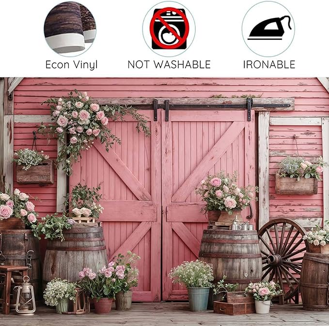 8x6ft Country Wedding Pink Photography Backdrop Rustic Wooden Barn Door Photography Backdrop Farmhouse Flower Western Girl Birthday Baby Shower Wedding Bridal Party Banner Photo Booth Props Background